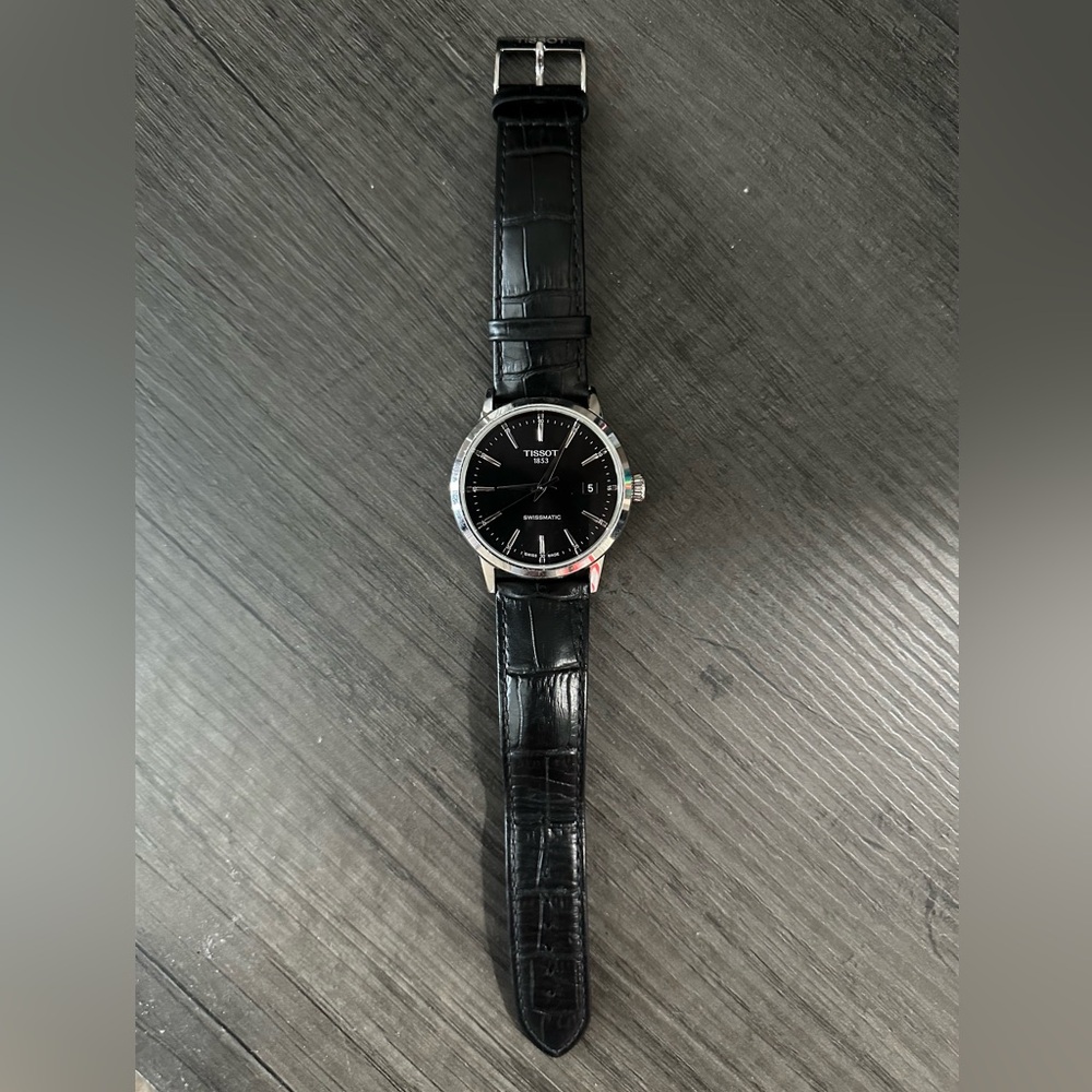 Tissot Silver and Black Leather Watch